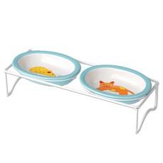 PETRAGEOUS DESIGNS 橢圓形寵物陶瓷飼料碗 2入+造型雙格碗架組, 1個, 白色的