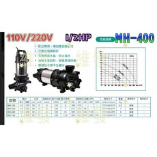 紅龍牌 MH-400 1/2HP 園藝魚池專用泵浦 全不鏽鋼 臥立兩用 沉水泵 抽水機