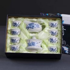 青花瓷富貴牡丹功夫茶具套裝禮盒：藍白瓷茶壺茶杯組 高白陶瓷蓋碗, 茶具組, 1套, 白