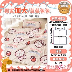 愛北鼻之家 兒童加大睡墊三件組 草莓兔兔 台灣製 一體式枕墊 幼兒園午休必備 附收納袋