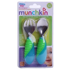 munchkin 嬰兒拼色矽膠手柄不鏽鋼叉勺組, 1組, 混色