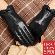 seoul show 女士真皮觸控保暖手套, 黑色