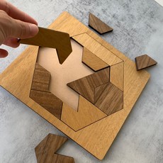 卷木森活館 六角七巧板 DIY 組裝 木製玩具 兒童益智玩具 邏輯思考, 1個, 棕色