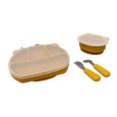 兒童矽膠餐具6件組 (含吸盤碗/餐盤), 吸盤碗/餐盤, 芥末黃