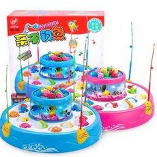 磁性電動音樂雙層旋轉釣魚池玩具, 藍色