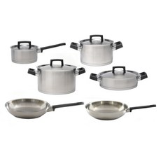 BergHOFF 單雙柄不鏽鋼綜合鍋具 6件組, 單柄湯鍋15.2cm+燉鍋20.3cm+湯鍋24.1cm+雙耳鍋25.4cm+平底鍋25.4cm+平底鍋27.9cm, 不鏽鋼 黑色