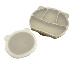 兒童吸盤餐盤餐碗4件組 (副食品餐具), 餐盤，小熊碗，餐盤蓋，小熊碗蓋, 1個, 象牙米