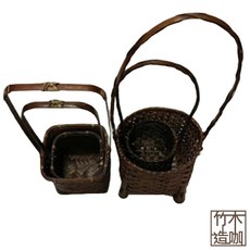 竹木造咖 竹編提籃 大圓形 花器 收納籃 15x13x38cm, 1個