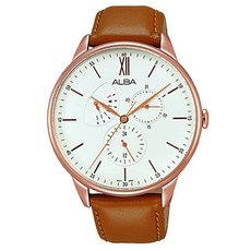 ALBA 經典商務休閒三環藍寶石水晶玻璃牛皮手錶 玫瑰金錶殼 日期星期顯示 成熟穩重風格