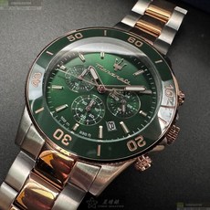 MASERATI手錶R8873600004 44mm 墨綠色三眼潛水錶 金銀相間精鋼錶帶