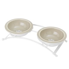 PETRAGEOUS DESIGNS 寵物陶瓷飼料碗 2入+造型雙格碗架組, 1個, 白色+灰褐色