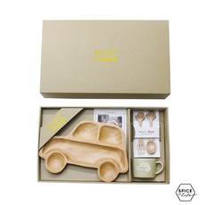SPICE 天然木兒童餐具禮盒套組 兒童餐具 鴨子餐盤 汽車餐盤 木製餐具組 彌月禮, 餐盤/馬克杯/叉子/湯匙, 汽車