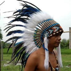 酋長帽 印第安頭飾 派對 道具 走秀 舞台表演 化裝舞會 重機 cosplay 扮裝 印地安帽子 原住民風【自然屋精品】, 藍白(S)