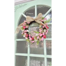 鬱金香花環 聖誕節裝飾 仿真花環 鄉村風居家裝飾 浪漫高質感人造花, 1個, 粉色，白色和綠色