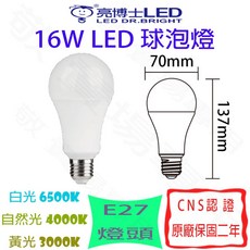 亮博士LED 16W E27 LED燈泡 全電壓 CNS認證 省電 球泡燈 臥室 房間 走廊 倉庫, 白光 6500K/自然光 4000K/黃光 3000K, 1個