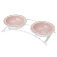 PETRAGEOUS DESIGNS 寵物陶瓷飼料碗 2入+造型雙格碗架組, 1個, 白色+粉色