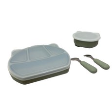 兒童矽膠餐具6件組 (含吸盤碗/餐盤), 橄欖綠