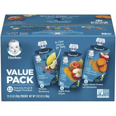 Gerber 嘉寶 最喜愛水果和蔬菜袋裝兒童冰沙 99 克, 香蕉藍莓口味+蘋果水梨水蜜桃口味+蘋果地瓜肉桂口味, 99g, 12包