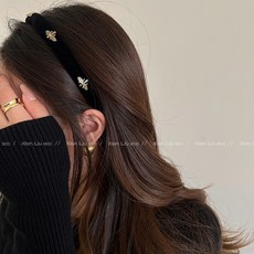 XIAN ACC 絲絨小蜜蜂髮箍 女款高顱頂頭箍 壓髮百搭髮飾, 1個, 黑色