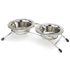 PETRAGEOUS DESIGNS 寵物不鏽鋼飼料碗 2入+造型雙格碗架組, 1個, 銀