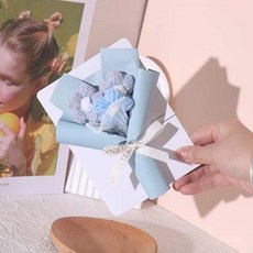 小花束祝福賀卡 祝福卡片 香皂花 感謝卡 禮盒卡 畢業卡 康乃馨卡片, 藍色-三毛線花