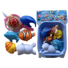 海洋動物洗澡玩具組：海獅、螃蟹、小丑魚、鯊魚、海豚、烏龜啾啾玩具與撈魚網, 澡盆綠