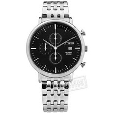 CITIZEN 星辰 AN3610-55E 經典三眼計時手錶，黑色錶盤，不鏽鋼錶帶，日期顯示，礦石強化玻璃，日本機芯，男士手錶，41mm, 詳見包裝