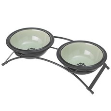 PETRAGEOUS DESIGNS 寵物陶瓷飼料碗 2入+造型雙格碗架組, 1個, 黑色+煙熏鼠尾草