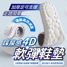 4D軟彈運動鞋墊，足弓支撐減壓透氣，U型根底保護腳踝