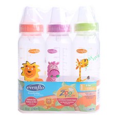 evenflo 動物印花矽膠奶嘴奶瓶 240ml 3入, 橘色+紫色+綠色, 第1階段(0~3個月), 240毫升