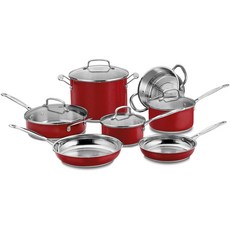 Cuisinart 美膳雅 綜合不鏽鋼不沾鍋具 11件組, 平底鍋 1.4L + 平底鍋 2.4L + 2.8L 炒鍋 + 湯鍋 7.6L + 平底鍋 20.3cm + 平底鍋 25.4cm + 蒸鍋 18cm, 紅色