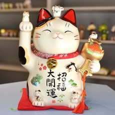 藥師窯 29cm 招福大開運 金福槌 招財貓 彩繪陶器吉祥物 日本出品, 詳見包裝, 彩繪