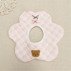 新生兒幼童花瓣造型口水巾 棉質防水圍兜 淺粉色格紋熊熊刺繡, 淺粉色（厚花朵圍兜）