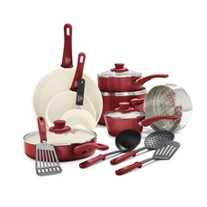 GREEN LIFE 軟握陶瓷不沾鍋煎鍋套組, 1個, 16件組紅色, 紅色