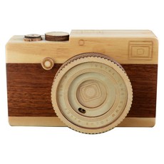 音樂青蛙 木製相機造型音樂盒 鏡頭旋轉 雙色原木 仿真可愛 畢業禮物, 原木色