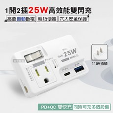 1開2插 氮化鎵PD25W雙閃充壁插 - TYPE-C QC USB充電座 110V台灣專用 高效擴充 安全保護, 白色, 1個, 8cm