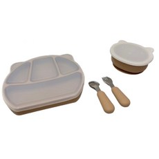 兒童矽膠餐具6件組 含吸盤碗與分隔餐盤, 可可棕