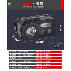 台灣現貨 三光源感應頭燈 充電型 露營戶外頭燈 工作燈 夜釣運動頭燈, 如圖, 1個