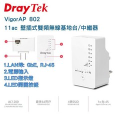 DrayTek 居易科技 雙頻無線基地台/中繼器 Wi-Fi VigorAP 802 11ac 壁插式, 1個