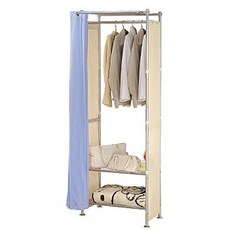 巴塞隆納W3型60公分開放式衣櫥架，附布簾多層收納，簡約風衣物吊掛架, 【升級】側邊大型收納袋一片,布丁黃