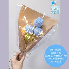 氣球派對多 編織康乃馨玫瑰花束：畢業禮物、母親節禮物、手工針織永生花, 【包裝】燈串麻繩牛皮紙＊胖鬱金-淺藍3支