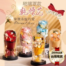 玻璃罩乾燥花, 紅玫瑰7朵+玻璃罩+燈串+禮袋
