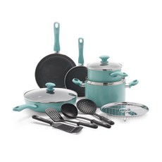 GREEN LIFE 軟握鑽石健康陶瓷不沾鍋 13件組, 1個, 2個煎鍋+炒鍋+煎鍋+雙面鍋+蒸籠+4個烹飪用具, 綠松石