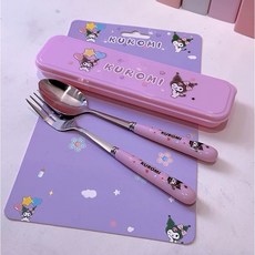 妞妞絲 卡通兒童餐具 湯匙叉子餐具盒 野餐外出攜帶餐具盒 國小餐具 兒童餐具組, 紫色, 1個, 湯匙+叉子+餐具盒