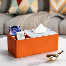 短版大理石紋衛生紙盒 可拆蓋置物盒 餐巾紙收納盒 多功能桌面收納盒 客廳遙控器手機收納, 橙色長條雙格, 1個