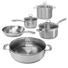 chantal 單柄+雙耳不鏽鋼鍋具+玻璃鍋蓋 5件組, 湯鍋 4入+平底鍋 1入, 銀色