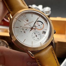MASERATI 手錶 R8871633002 44mm 圓形精鋼錶殼 白色簡約 咖啡色真皮皮革錶帶