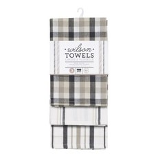 now DESIGNS 格紋印花棉質廚房毛巾, 3片, 板岩和沙子