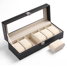 OfMIN 皮革6格天鵝絨材質錶枕手錶收納盒, 黑色