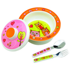 Sugar Booger 吸盤式餐碗組, 貓頭鷹款, 碗+蓋子+防滑底座+湯匙+叉子, 1組